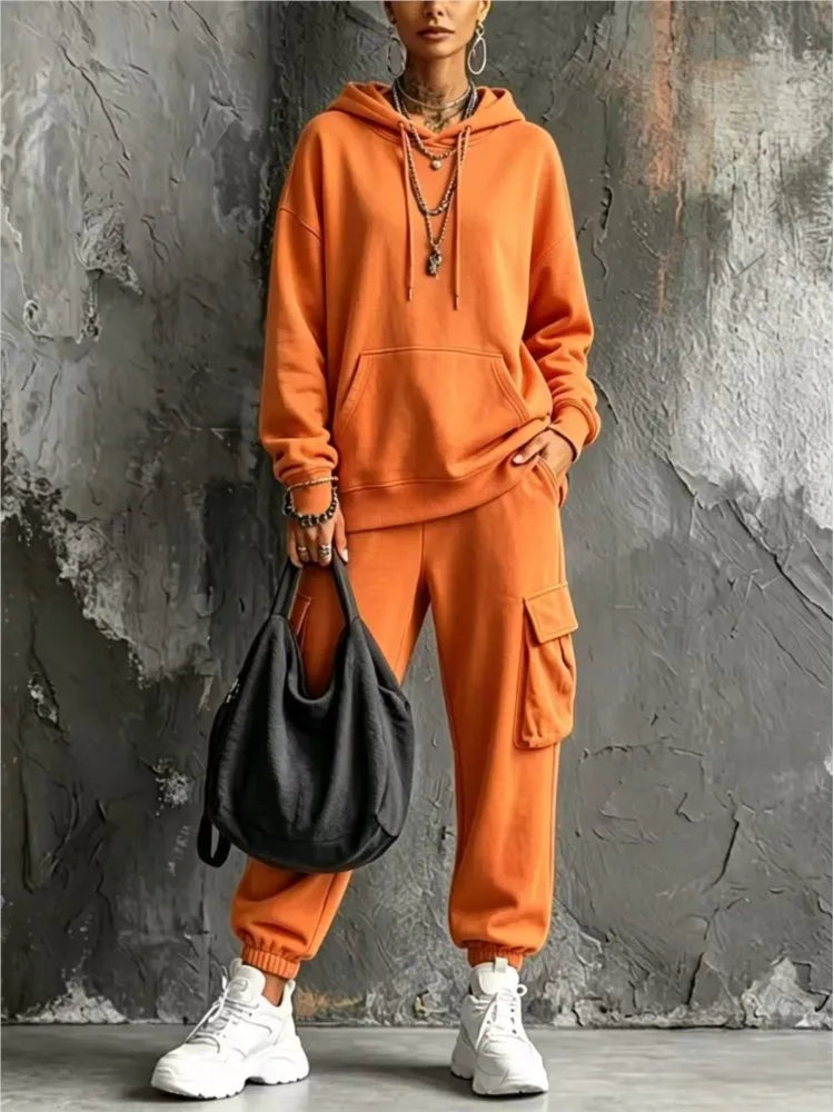 Autumn Winter New Casual Solid Color Hooded Sweatshirt Trousers Set 2026 Fashion Pocket Loose Sports Trousers Female 2 Piece Set