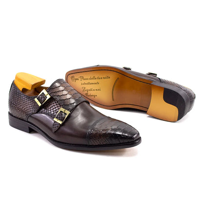 Luxury Double Buckle Monk Strap Men's Dress Shoes Genuine Leather Classic Crocodile Pattern Formal Business Office Footwear