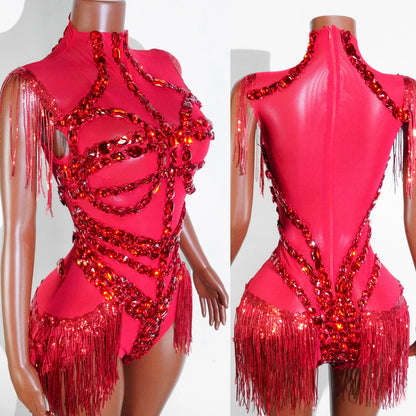 Sexy Mesh Sheer Black Rhinestone Tassel Bodysuit Women Singer Dancer Stage Show Outfit Nightclub Leotard Party Performance Wear