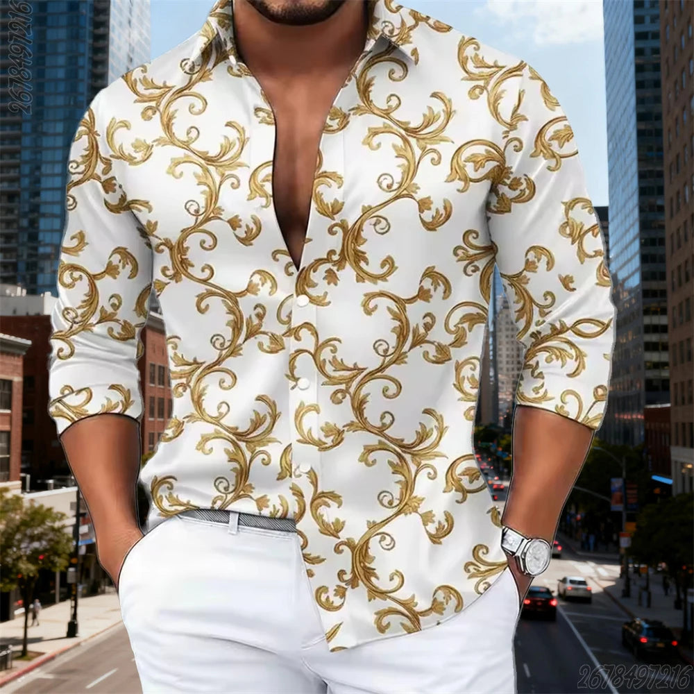 16 Colors Men's Luxury Baroque Gold Pattern Long-Sleeved Shirt Fashionable Retro Print Comfortable Non-Iron Large Size Top