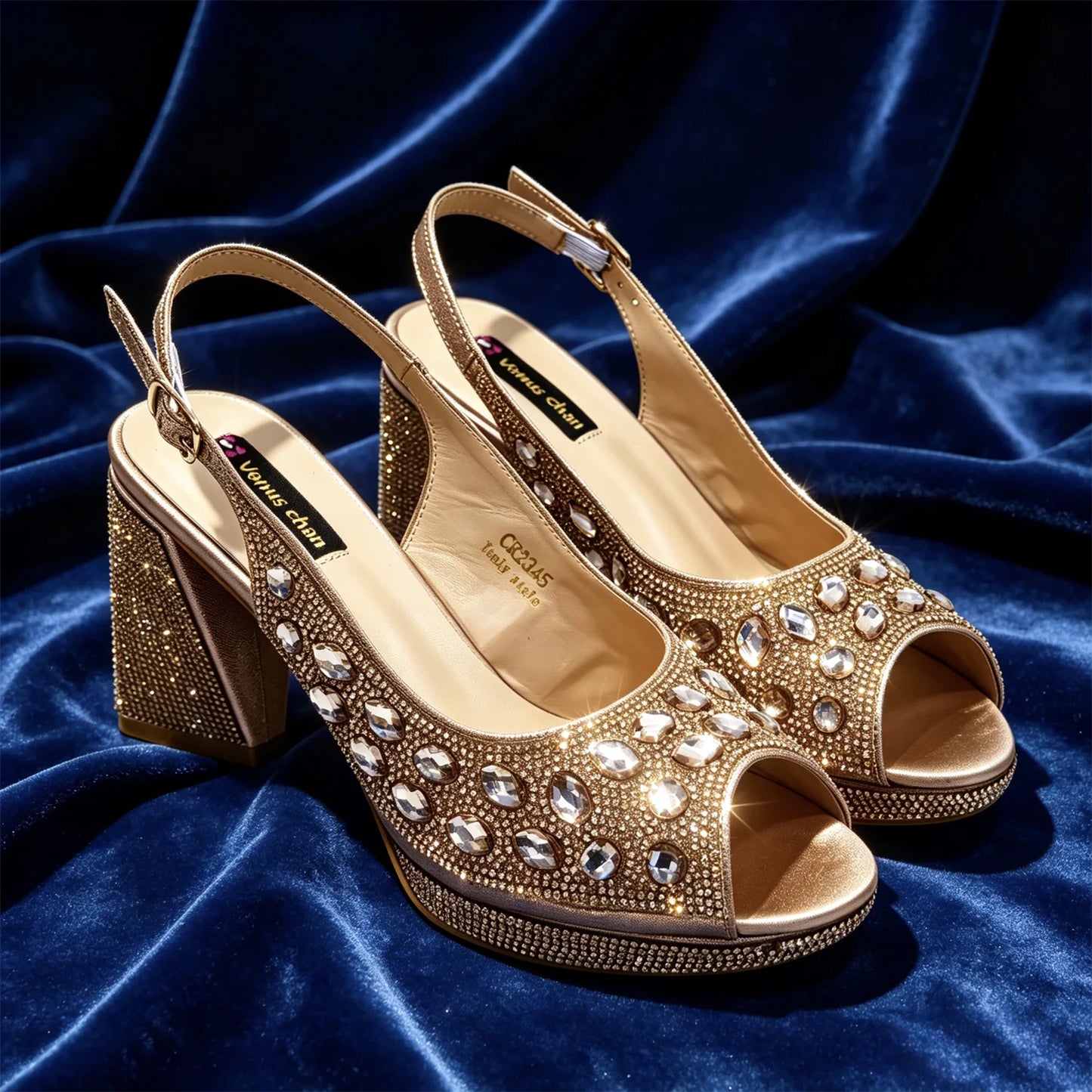 Venus Chan Elegant Gold Striped Peep Toe High Heels and Matching Bag Set – Rhinestone Decor for Parties and Weddings