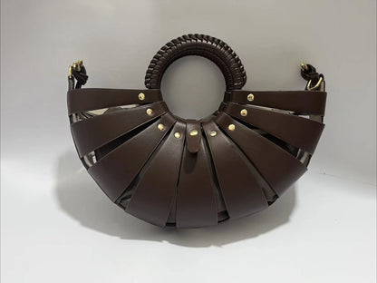 New Women's Fashionable Ring Design Crossbody Bag Hollowed Out Inner Bag Shell Bag Vegetable Basket Handbag Retro Woven Handbag