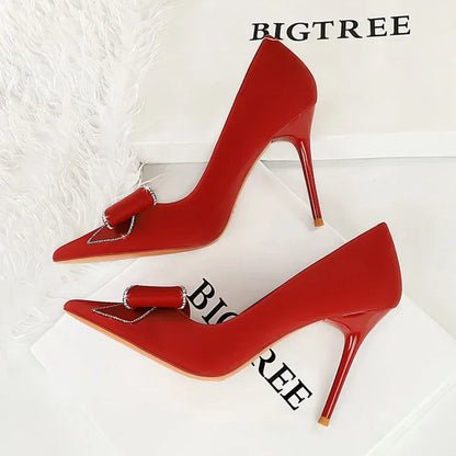 BIGTREE Fashion Korean Version 10cm High Heels Pumps Silk Shallow Pointed Toe Crystal Butterfly BowKnots Lady Red Purple Shoes