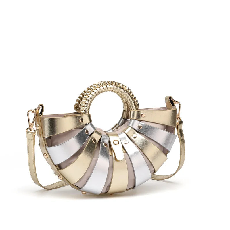 New Women's Fashionable Ring Design Crossbody Bag Hollowed Out Inner Bag Shell Bag Vegetable Basket Handbag Retro Woven Handbag