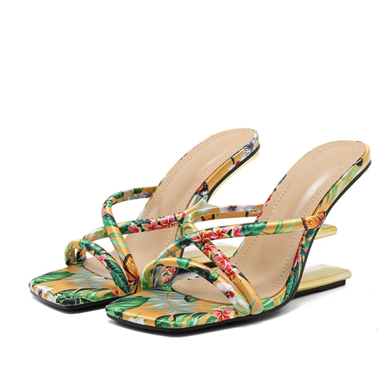 Liyke Summer Fashion Colour Square Toe Metal Wedge Slippers Women Mules Slides Strange High Heels Banquet Party Shoes Size 35-42