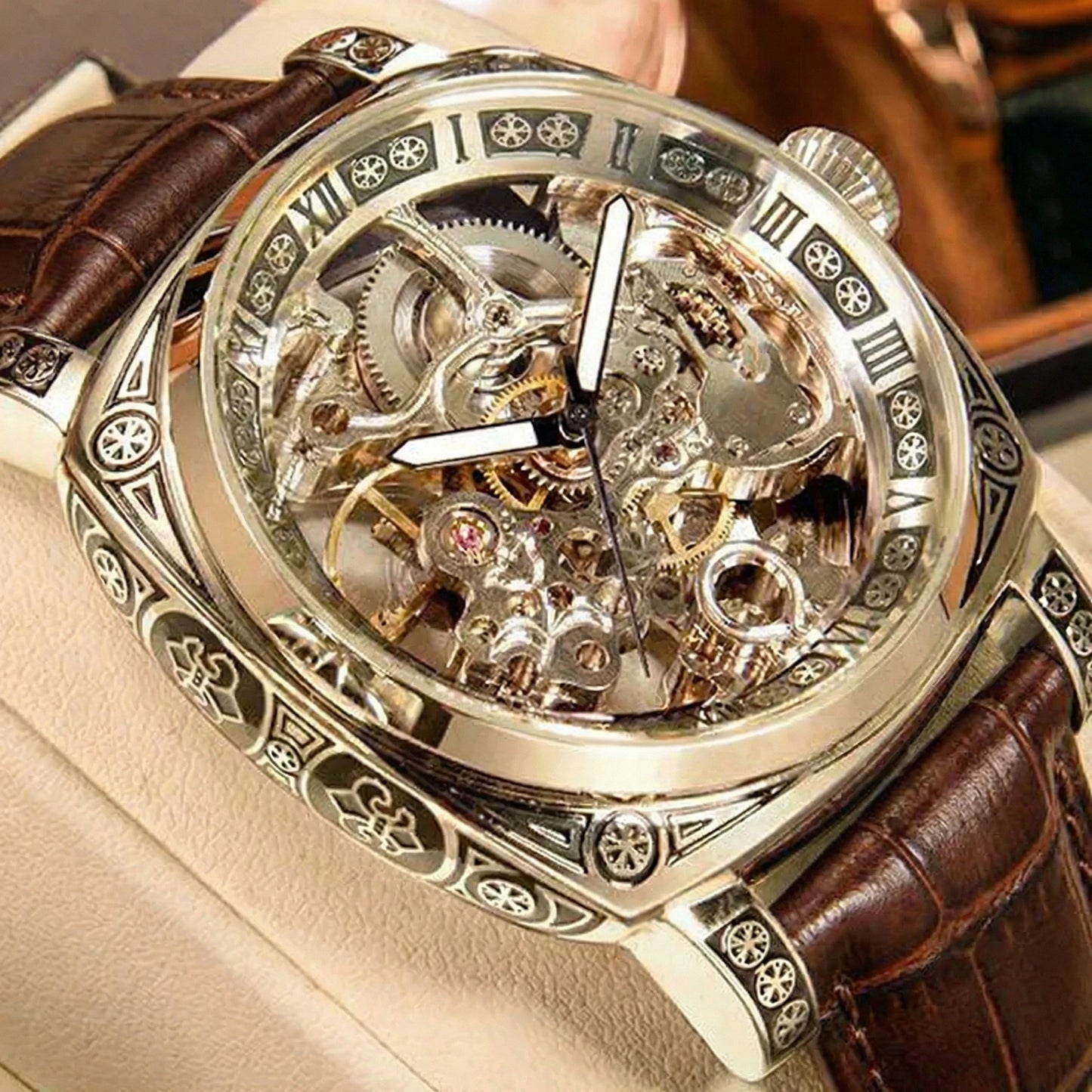 A MEN'S Black Zinc Alloy Business Style Luminous Carved Fully Automatic Tourbillon Hollow Mechanical Watch