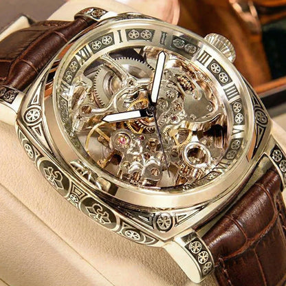 A MEN'S Black Zinc Alloy Business Style Luminous Carved Fully Automatic Tourbillon Hollow Mechanical Watch