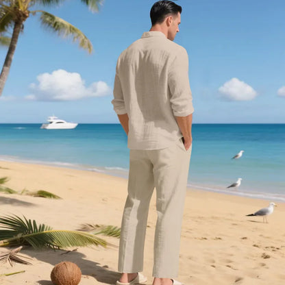 The 2026 Summer Men's linen short-sleeved shirt set is a two-piece long pants set suitable fordaily casual beach vacations 2Pcs