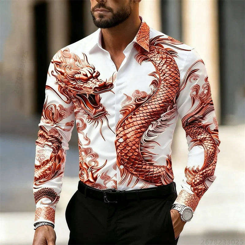 Men's shirt long sleeve shirt Chinese dragon HD pattern 3D printing lapel fashion casual street top, high quality fabric