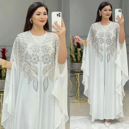 Muslim Dress for Women Loose Batwing Sleeved Beaded Long Abaya Dress Kaftan Abayas Islamic Robe Two Piece Set