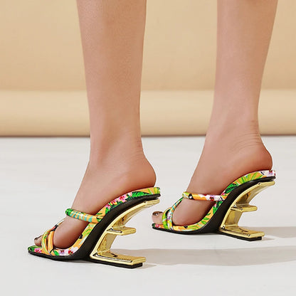 Liyke Summer Fashion Colour Square Toe Metal Wedge Slippers Women Mules Slides Strange High Heels Banquet Party Shoes Size 35-42