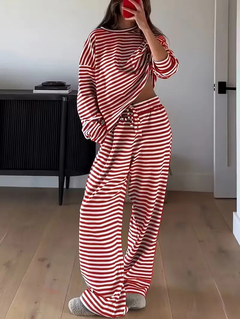 New Simple Striped Suit Simple  Loose Comfortable Lazy Style Long-sleeved Round Neck Pullover Top Lace-up Trousers Two-piece Set