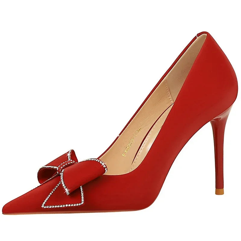 BIGTREE Fashion Korean Version 10cm High Heels Pumps Silk Shallow Pointed Toe Crystal Butterfly BowKnots Lady Red Purple Shoes