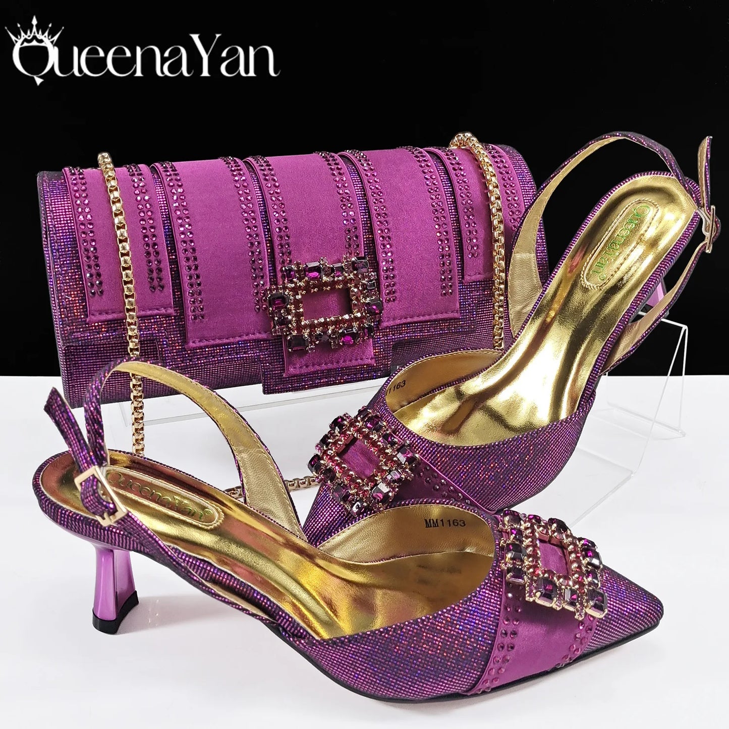Queena Yan Nigeria Elegant Noble Party Wedding Shoes And Bag Pointed Toe Decorated With Rhinestone Women Heel Shoes