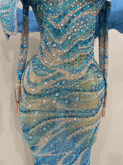 2025 Luxury Sparkly Rhinestones Blue Long Dress With Gloves Women Party Evening Birthday Dresses Celebrate Stage Catwalk Gowns