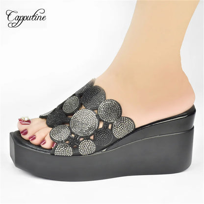Gold Women Wedge High Heels Shoes Fashion Nigerian Ladies Summer Stones Slippers African Pumps Pantoufle Femme Pantuflas 2022-3
