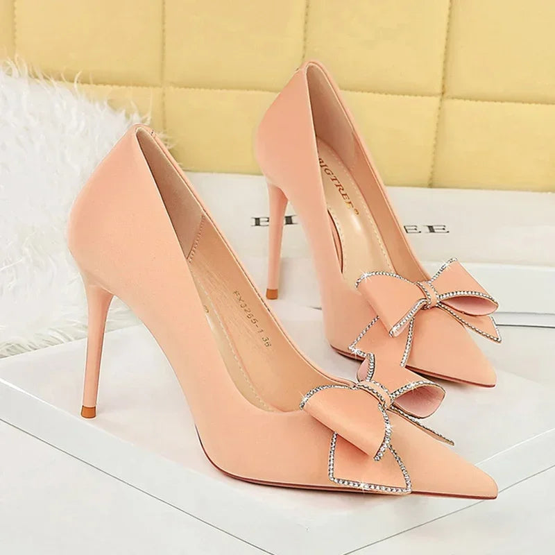 BIGTREE Fashion Korean Version 10cm High Heels Pumps Silk Shallow Pointed Toe Crystal Butterfly BowKnots Lady Red Purple Shoes