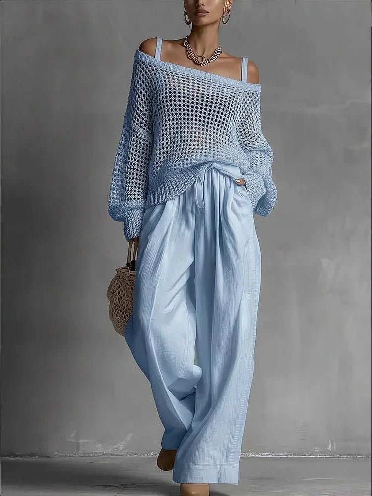 Cotton Casual Pants Sets for Women's Solid Long Sleeve hollow out knit Top Summer Outfit Elastic Waist OL Workwear Wide Leg Suit