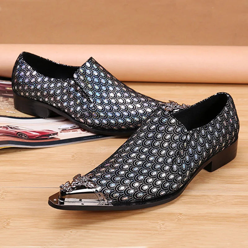 2024 Western Fashion Pointed Metal Toe Dress Shoes Blue Grey Party Wedding Leather Shoes for Men