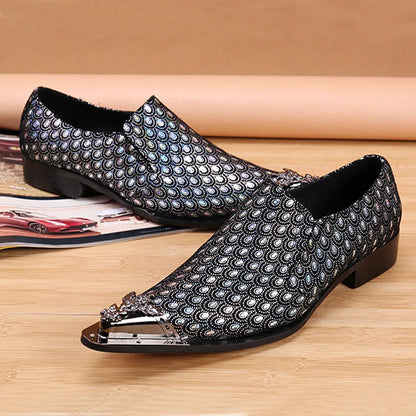 2024 Western Fashion Pointed Metal Toe Dress Shoes Blue Grey Party Wedding Leather Shoes for Men