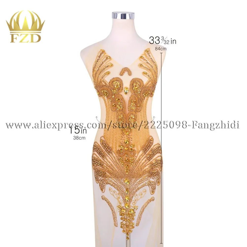 FZD 1 PC Silver Rhinestone Crystal Patches Handmade Gold Crystal Glass Rhinestone Bodice Applique Sew on Wedding Evening Dresses