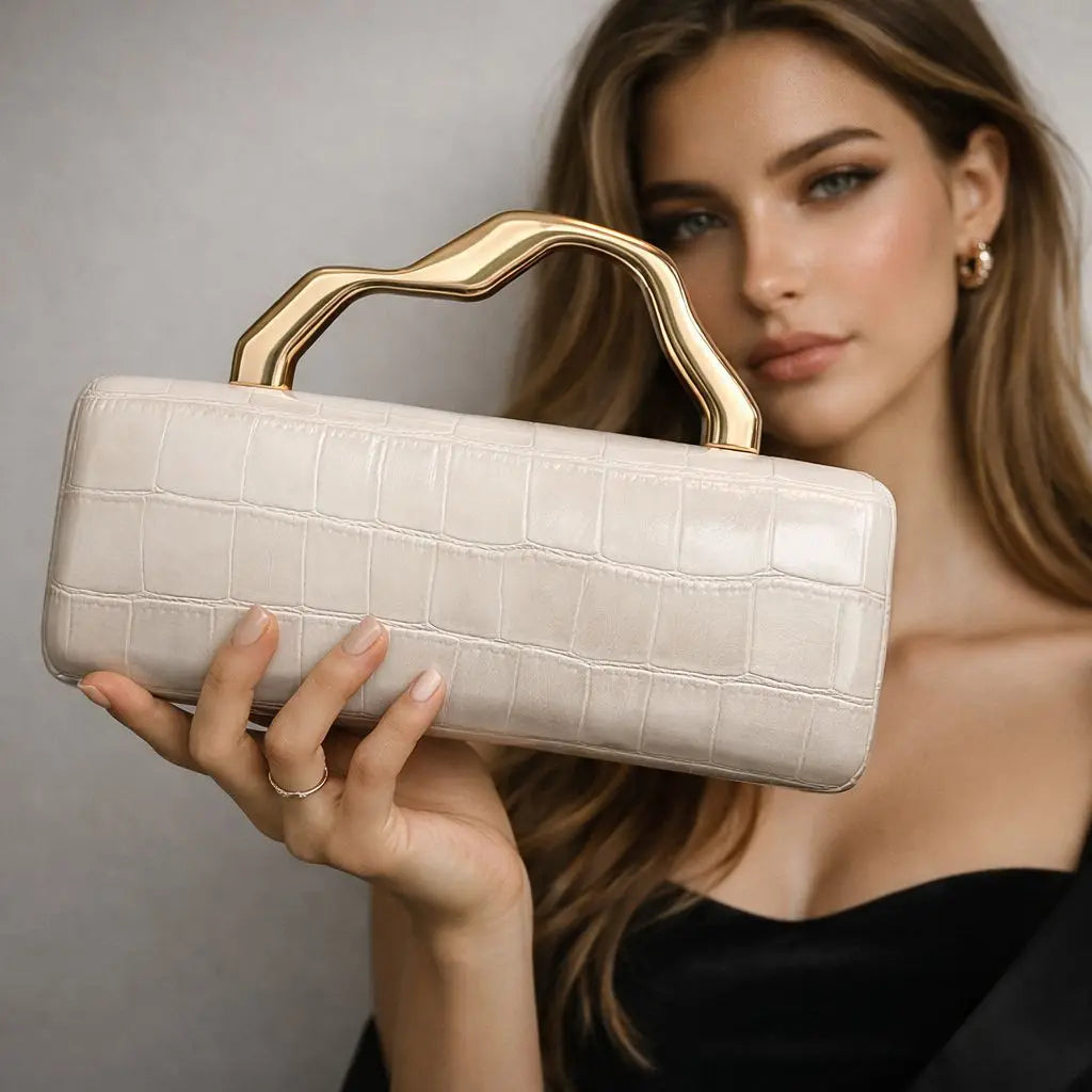 Luxury Burgundy Crocodile Pattern PU Evening Clutch with Gilded Shaped Handle for Ladies Fashionable Party Handbag