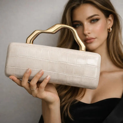 Luxury Burgundy Crocodile Pattern PU Evening Clutch with Gilded Shaped Handle for Ladies Fashionable Party Handbag