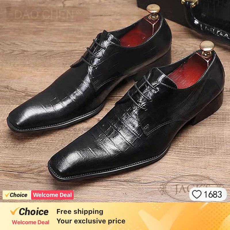 2024 Western Fashion Pointed Metal Toe Dress Shoes Blue Grey Party Wedding Leather Shoes for Men