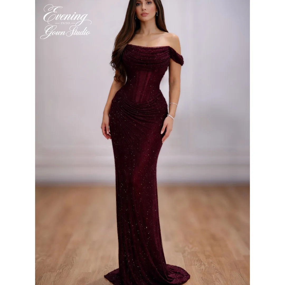 Burgundy Off Shoulder Prom Dresses with Glitter Fabric Ruched Mermaid Silhouette Customized Formal Evening vestidos de gala