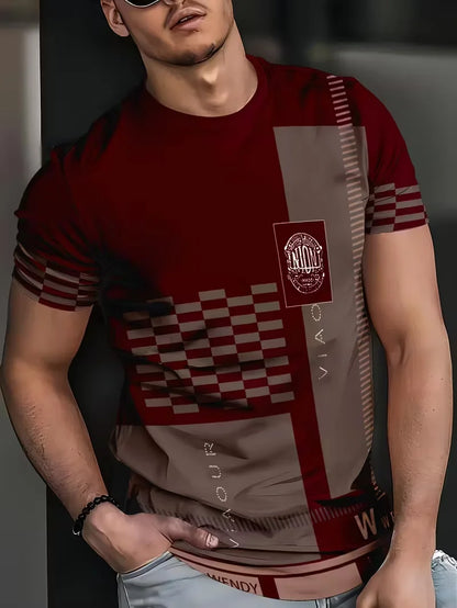 Men’s Summer Plaid Striped T-Shirt – Beige & Gray Color Block, Slim Fit Casual Crew Neck Tee for Daily Wear