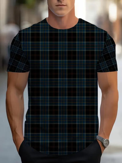 Men’s Summer Plaid Striped T-Shirt – Beige & Gray Color Block, Slim Fit Casual Crew Neck Tee for Daily Wear