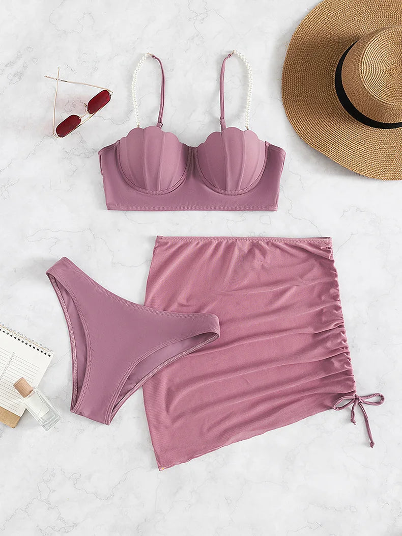 2025 New Sexy Three-piece Bikini Women Solid Drawstring Skirt Swimsuit Sling Backless Swimwear Tight Gathered Beach Bathing Suit