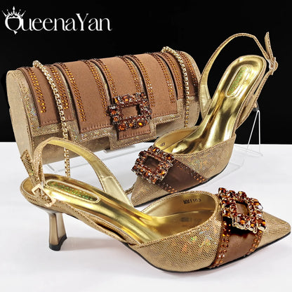 Queena Yan Nigeria Elegant Noble Party Wedding Shoes And Bag Pointed Toe Decorated With Rhinestone Women Heel Shoes