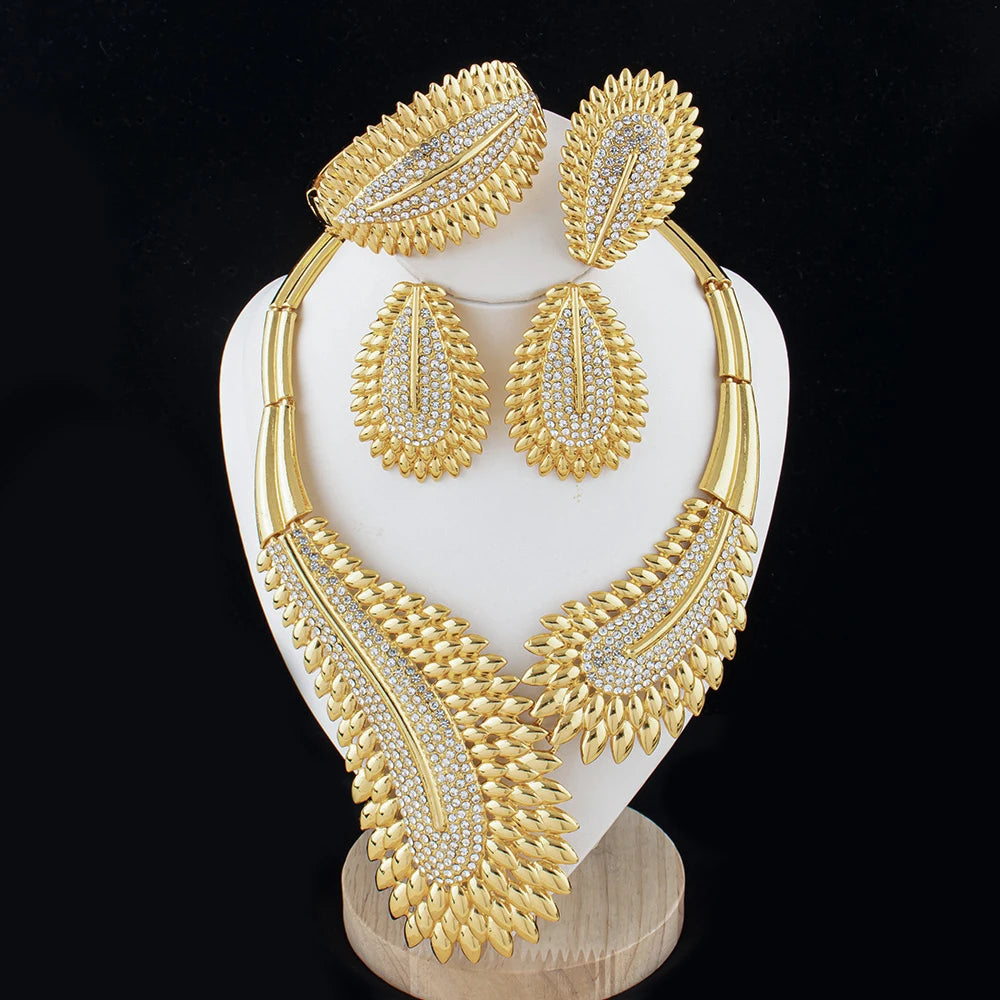 Trendy Colorful Jewelry Set for Women Zircon Collor Earrings and Necklace Large Gold Plated Bracelet Ring New Style Jewelry Gift
