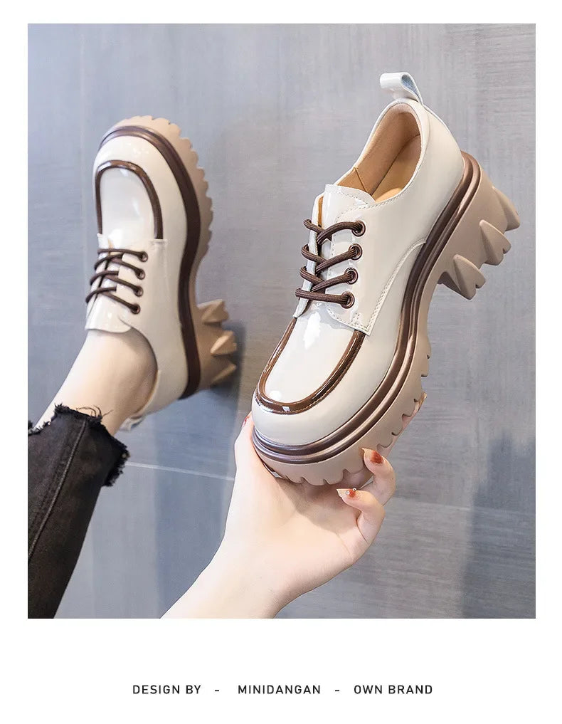 Fashionable Thick Soled High Rise Loafers with Thick Heels Shoes for Women 2024 Autumn Winter New Lace-up Women's Boot