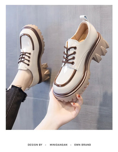 Fashionable Thick Soled High Rise Loafers with Thick Heels Shoes for Women 2024 Autumn Winter New Lace-up Women's Boot