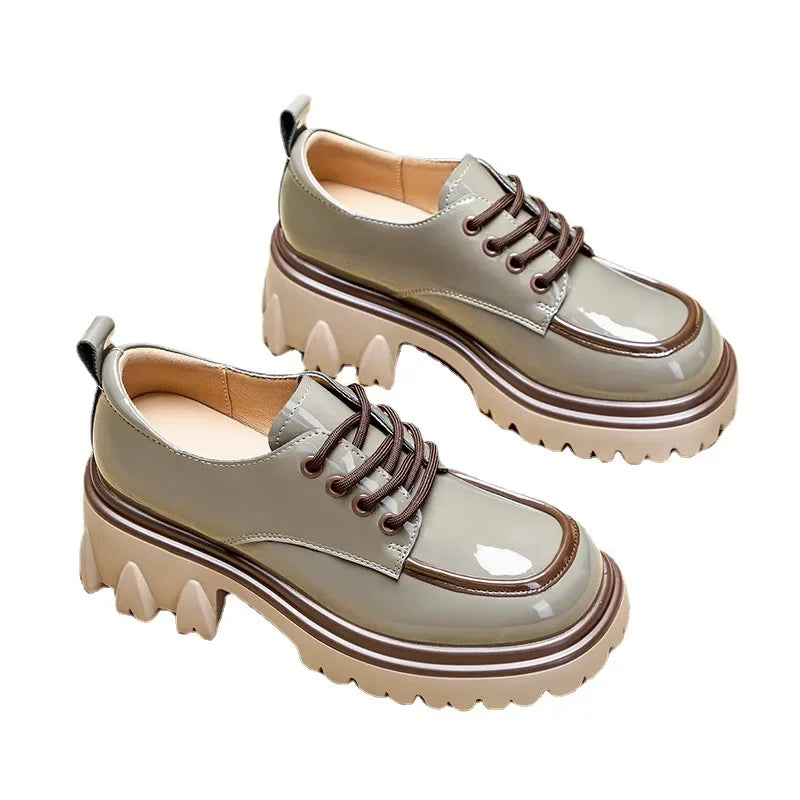 Fashionable Thick Soled High Rise Loafers with Thick Heels Shoes for Women 2024 Autumn Winter New Lace-up Women's Boot