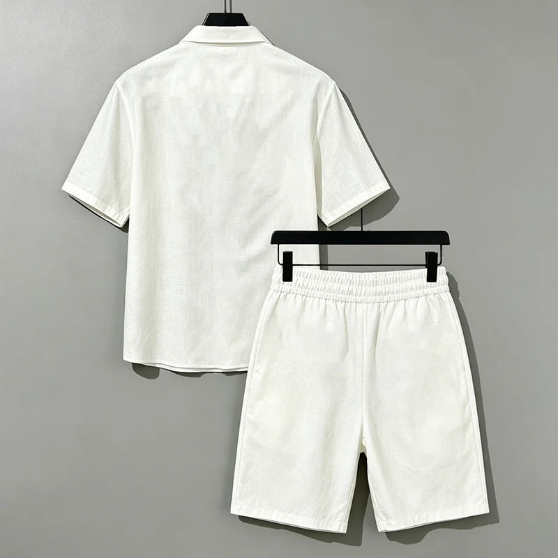Men Linen Two Piece Outfit Short Sleeve Lapel Button Shirt Elastic Drawstring Shorts Summer Daily Seaside Vacation Casual Set