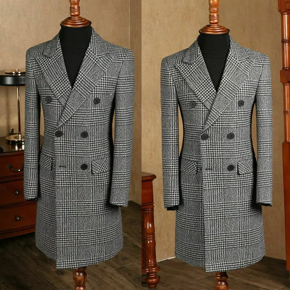 Autumn Winter Houndstooth Men's Long Coat Double Breasted Classic Jacket for Wedding Formal Blazers Groom Business Tuxedos