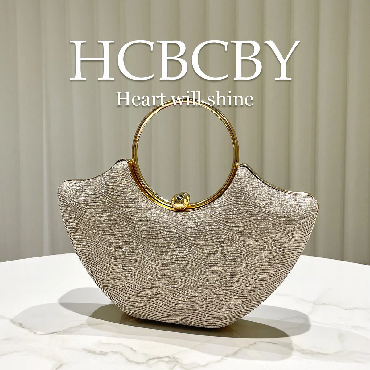 Gold shiny elegant water ripple ring handbag, women's fashion temperament dinner bag, bridal evening dress bag