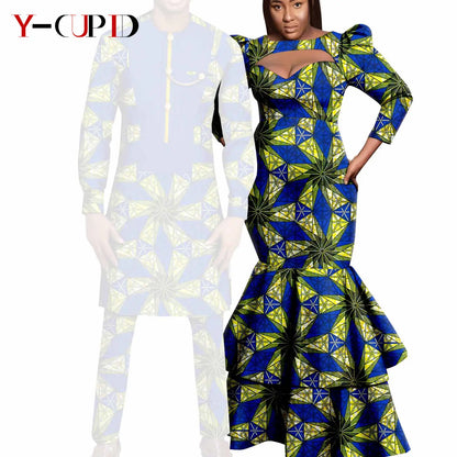 African Print Long Dresses for Women Matching Men Outfit Dashiki Top and Pant Sets Couples Clothes Kaftan Party Outwear Y23C054