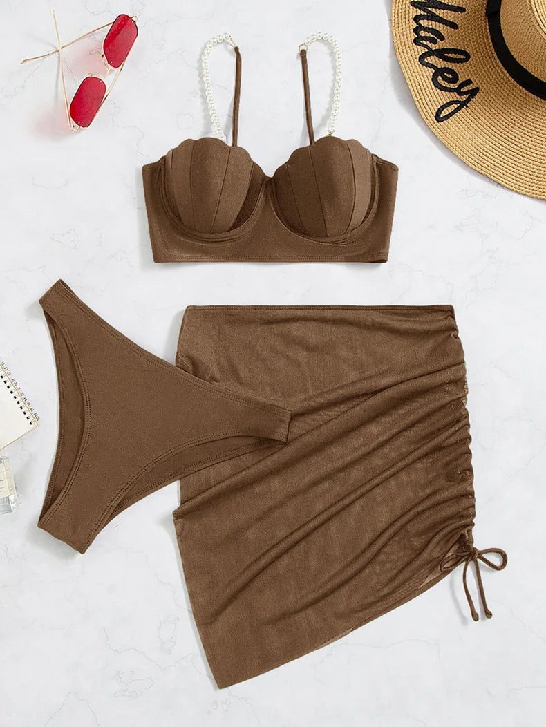 2025 New Sexy Three-piece Bikini Women Solid Drawstring Skirt Swimsuit Sling Backless Swimwear Tight Gathered Beach Bathing Suit