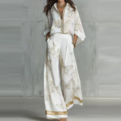 Casual Long Sleeve Pocket Loose 2Pc Sets Lapel Zipper Shirt & Wide Leg Pants Suit Women Fashion Butterfly Print Matching Outfits