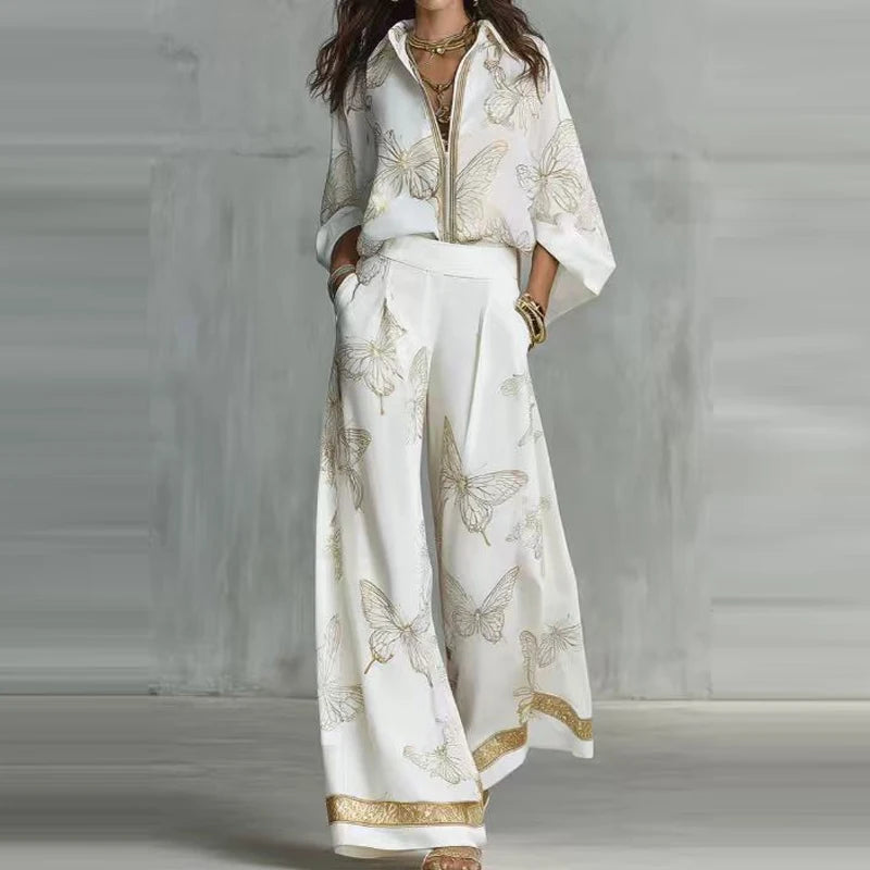 Casual Long Sleeve Pocket Loose 2Pc Sets Lapel Zipper Shirt & Wide Leg Pants Suit Women Fashion Butterfly Print Matching Outfits