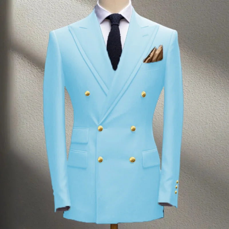 Blue Men's Suit Jacket Slimming Fashion Blazer Double Row Metal Buckle Men's Top Coat for Business Banquet Wedding