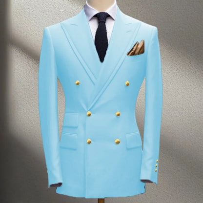 Blue Men's Suit Jacket Slimming Fashion Blazer Double Row Metal Buckle Men's Top Coat for Business Banquet Wedding