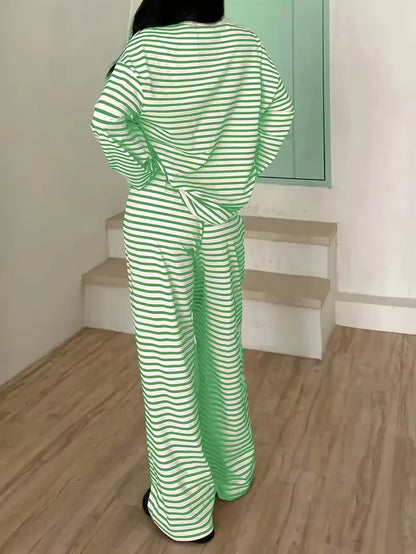 New Simple Striped Suit Simple  Loose Comfortable Lazy Style Long-sleeved Round Neck Pullover Top Lace-up Trousers Two-piece Set