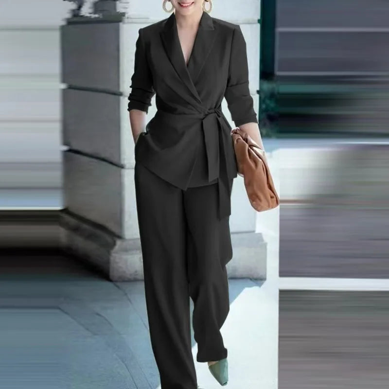 Casual Fashionable Trousers Suit Spring Autumn Solid Color Commuter Style Lapel Long-sleeved Top Wide-leg Trousers Two-piece Set