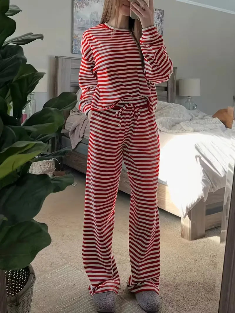 New Simple Striped Suit Simple  Loose Comfortable Lazy Style Long-sleeved Round Neck Pullover Top Lace-up Trousers Two-piece Set