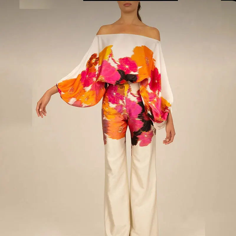 VEITCHE Women Print Outfit  Sleeve Off Shoulder Long Sleeve Blouse Office Lady 2 Piece Sets Spring Autumn Wide Leg Pants Suit